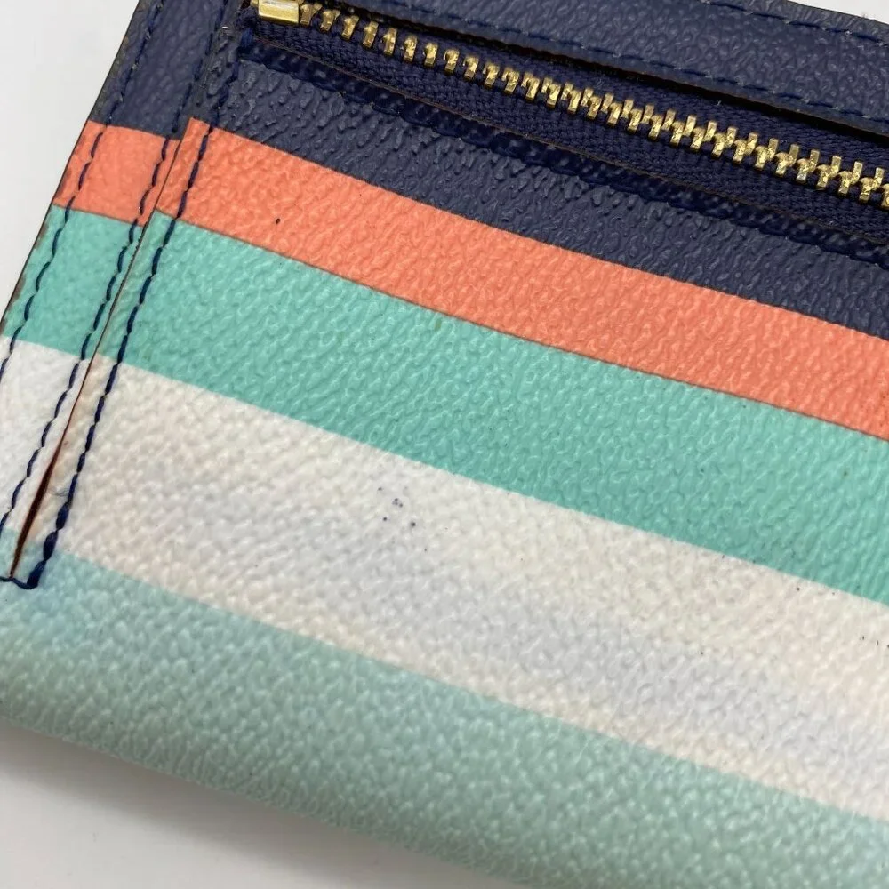 Kate Spade slim bi fold wallet Stripe blue pink button shut pocket book leather‎